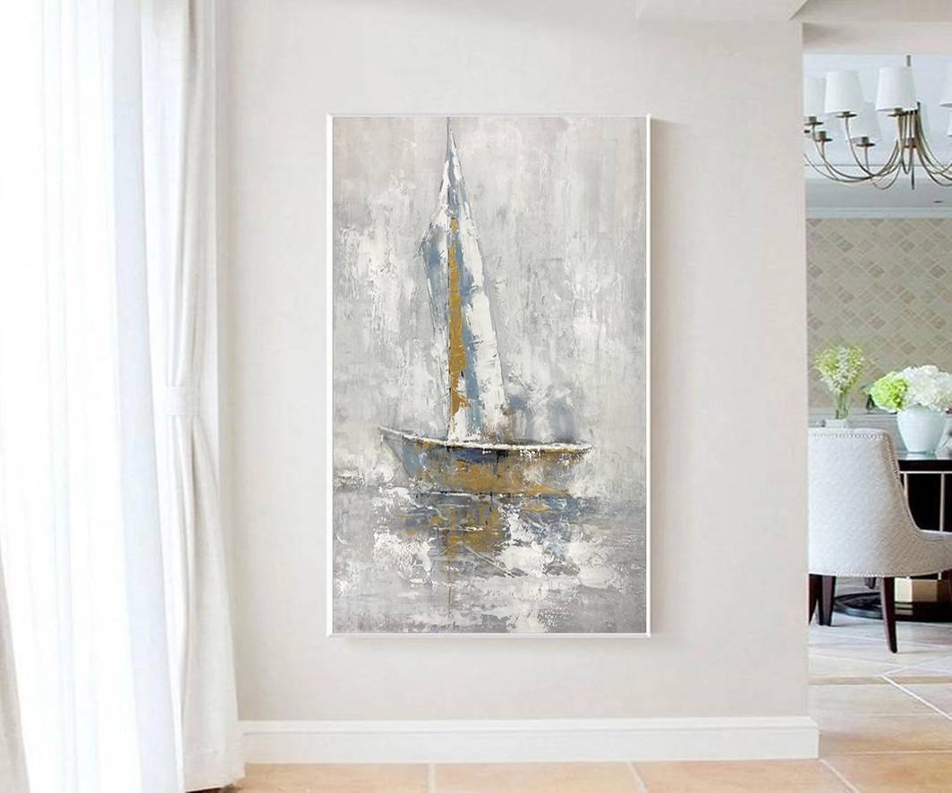 Grey Hand-painted Leaf Textured Abstract Canvas Wall Art 980G6